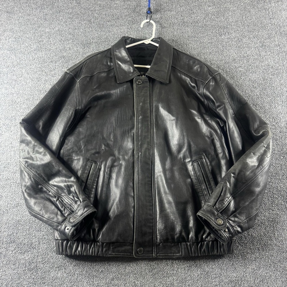 Pierre Cardin Jacket Mens XL Black Leather Bomber Full Zip Lined Insulated